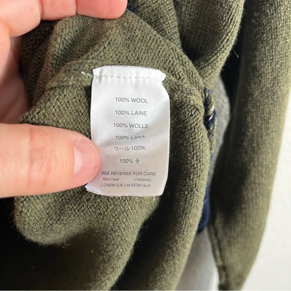 J. Crew 100% Wool Olive Crewneck Sweater‎ with Navy Contrast Trim Women’s Small